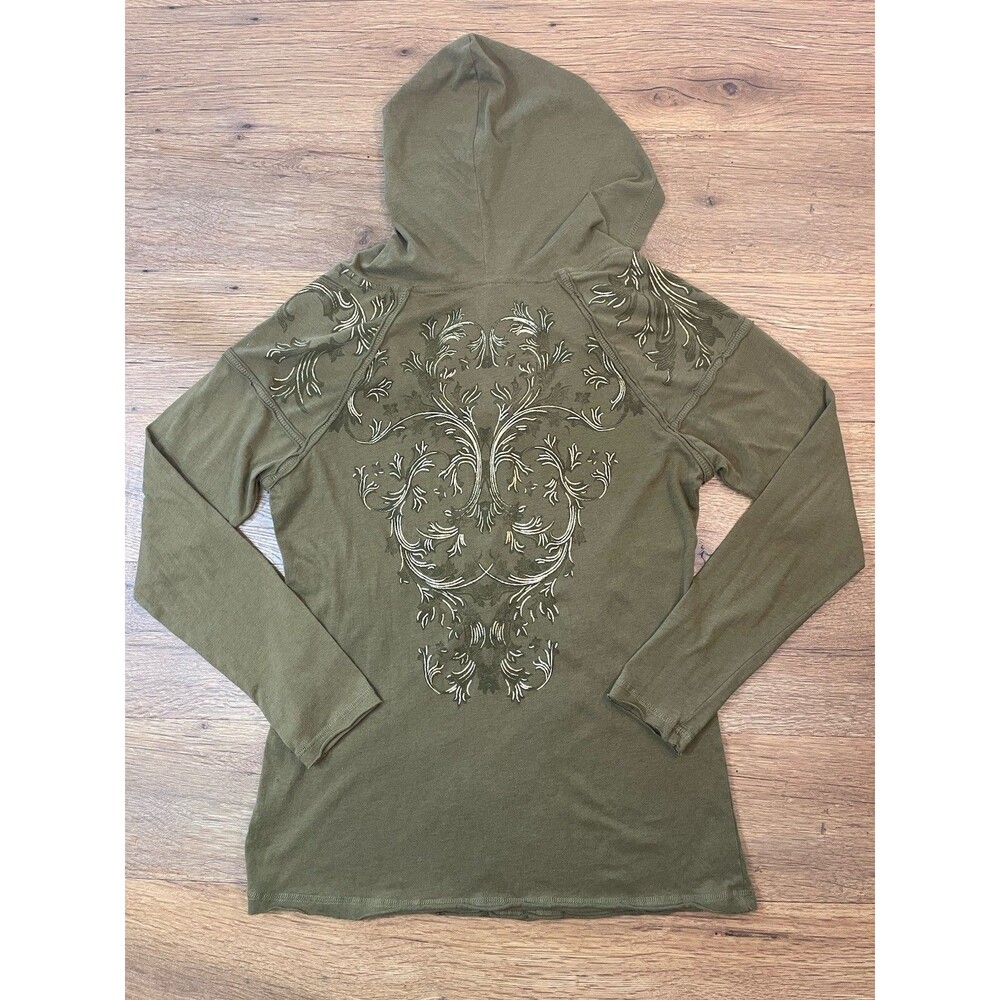 Y2K Aesthetic Shirt w/hood L Olive Green Fairy Grunge McBling Vintage Print Top